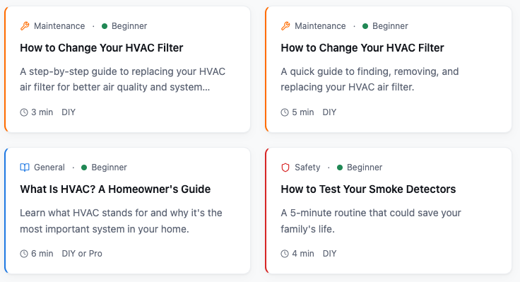 Guide cards covering HVAC filters, maintenance tips, and home systems