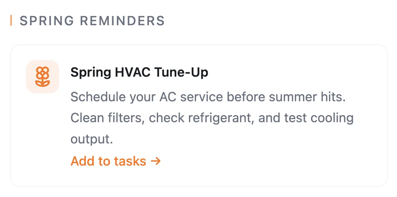 Seasonal maintenance reminders with actionable tasks