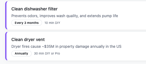 Maintenance task list with priority indicators and effort levels